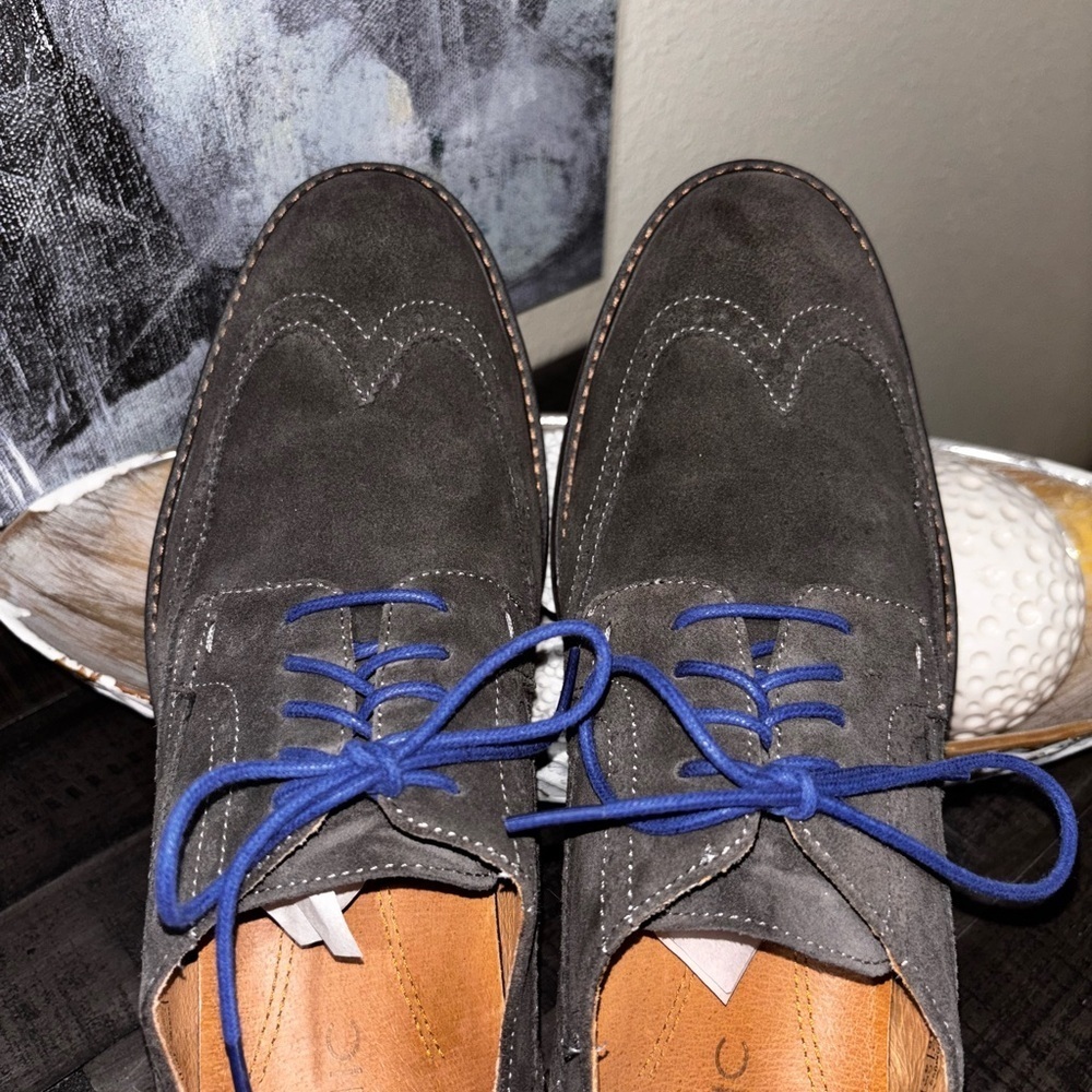 Vionic Bruno wingtip oxford shoe in gray suede with blue laces SS 13 - Picture 8 of 13